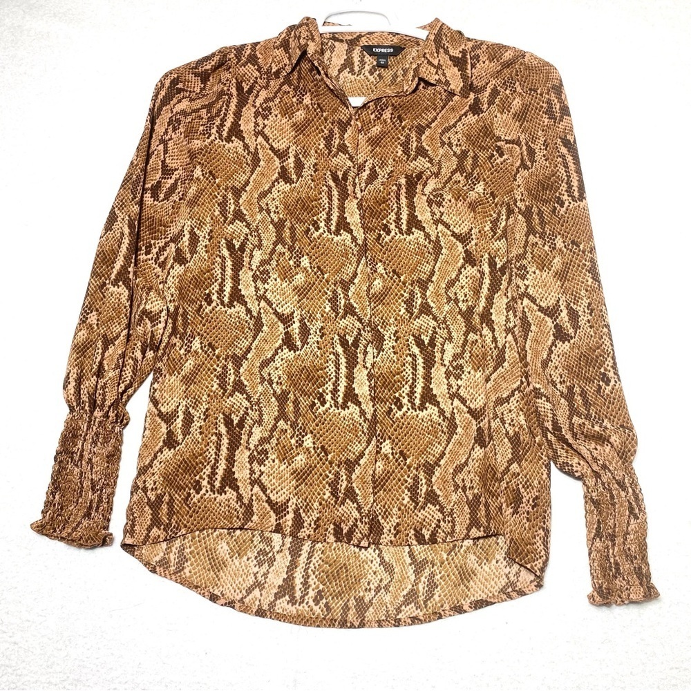 Express Snakeskin Print Blouse Women's XS Brown Smocked Cuff Button Down Career